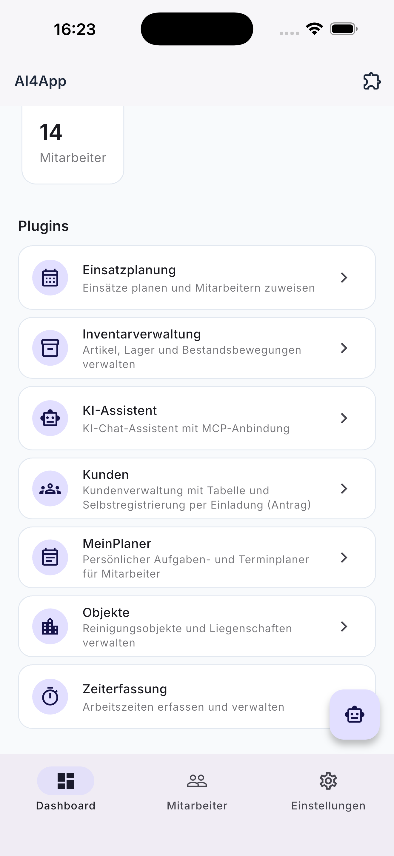 Startbildschirm der App mit den freigeschalteten Modulen