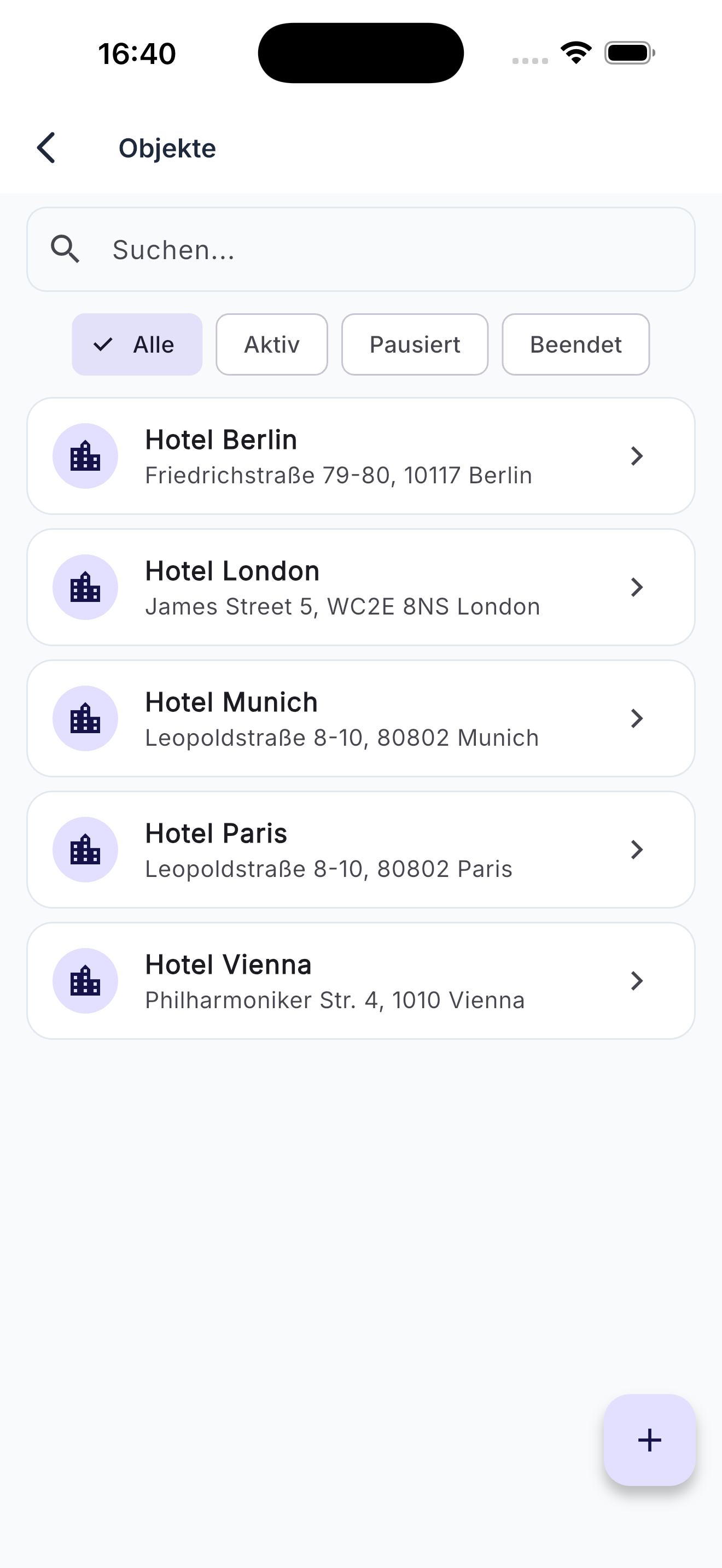 Objektliste in der App mit Adressen und Status-Filtern
